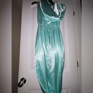 Women’s custom turquoise satin dress with sash